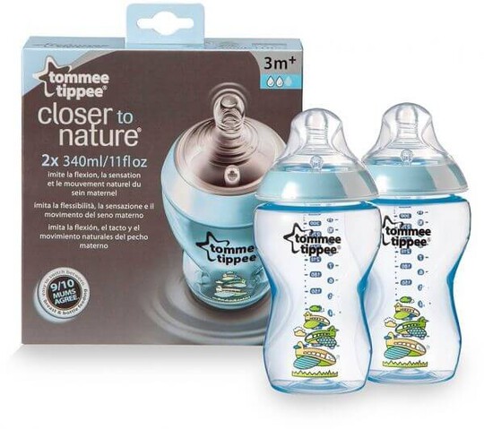 Tommee Tippee Closer to Nature 2x340ml Easi-Vent™ Decorative Feeding Bottle - Boy image number 1
